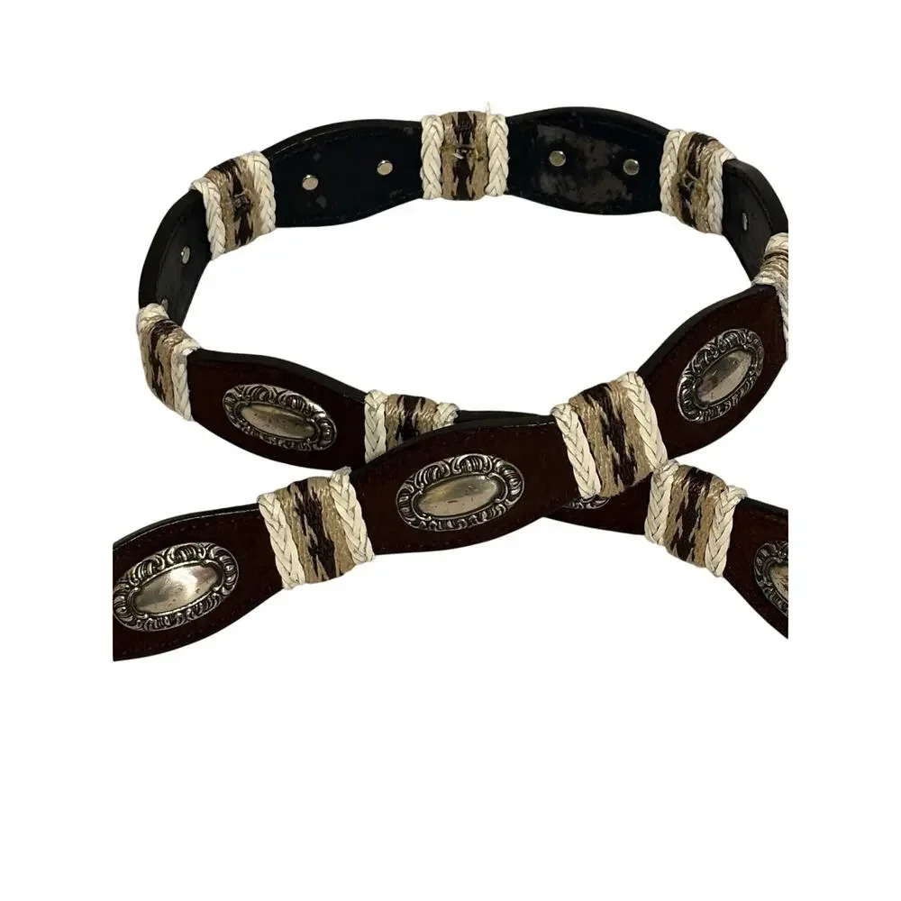 Western Genuine Leather Belt Men’s XXL Brown Rawhide Lacing Silvertone Conchos